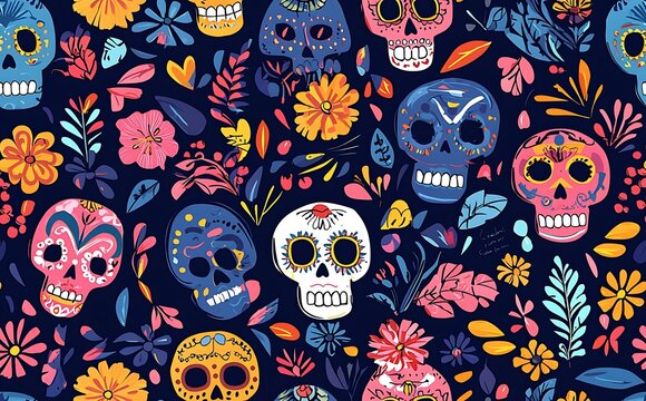 Day of the Dead seamless pattern with colorful skulls