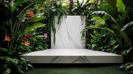 This setup features a sleek white stage framed by vibrant tropical foliage, creating a serene outdoor environment perfect for a stylish event or photo shoot