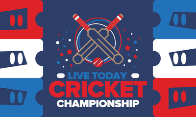 Cricket Championship. Match Day. Cricket bat and cricket ball. Tournament play-off and final. Sport game, professional competition. Play for win. Cricket match score. Fitness and recreation poster