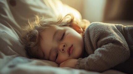 Cute child boy sleeping on a bed. Close-up.