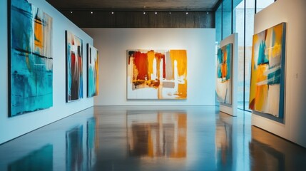 A modern art gallery with abstract paintings, Cultural appreciation scene, Artistic style
