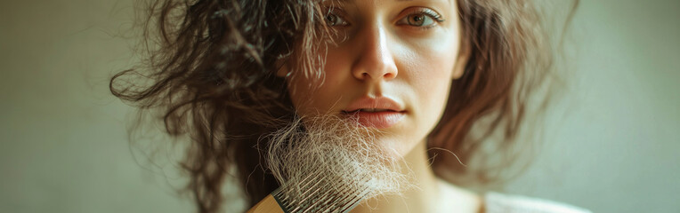 telogen effluvium causing diffuse hair loss, close-up of brush with fallen hair. hair thinning, hair fall, hair shedding, hair breakage, hair depletion, hair reduction, receding hairline, scalp hair 