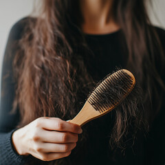 hair loss due to hypothyroidism and vitamin deficiency, close-up of thinning hair. hair loss, alopecia, balding, thinning hair, shedding, hair thinning, hair fall, hair shedding, hair breakage,