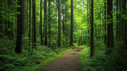 Obraz premium Dense forest landscape, with towering trees, lush green foliage, and a hidden path leading deeper into the woods.