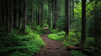 Obraz premium Dense forest landscape, with towering trees, lush green foliage, and a hidden path leading deeper into the woods.