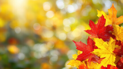 Fototapeta premium Autumn template with red maple leaves and sunlight