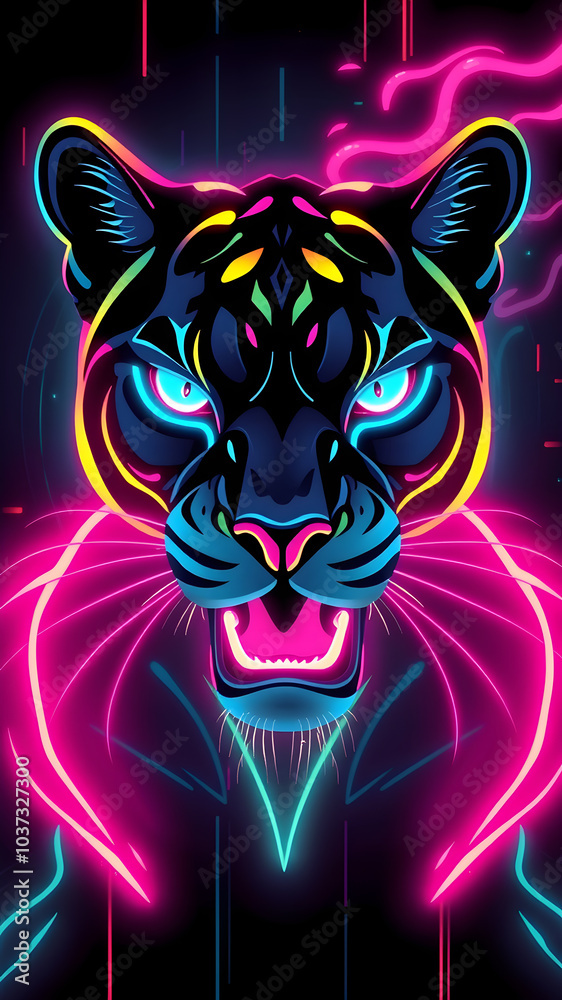 Wall mural panther neon avatar vector-style image of cyberpunk head. generative ai