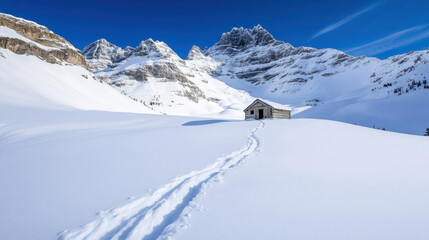 solitary hut stands amidst vast snow covered mountains, inviting exploration