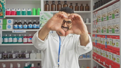 A cheerful hispanic man forming a heart shape with his hands in a well-stocked pharmacy