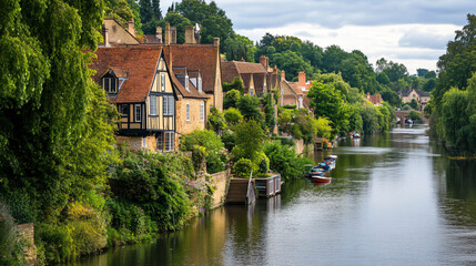 Fototapeta premium A picturesque riverside village, with quaint houses and lush gardens along the banks.