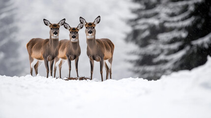 Wild deer foraging in snow, showcasing their natural habitat and beauty