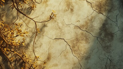 Obraz premium Cracked earth spans the desert dotted with lifeless plants under the sun