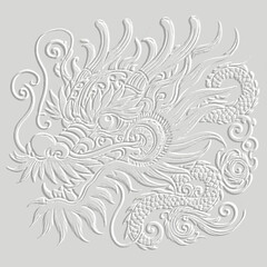 Ornamental emboss 3d chinese dragon head silhouette. Happy Chinese new year, Zodiac sign, year of the Dragon. Relief embossed trendy vector white background. Surface 3d texture. Decorative design.