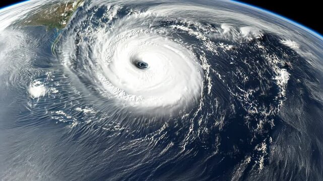 Aerial view of powerful hurricane over ocean with dramatic clouds and intense spiral swirling patterns.