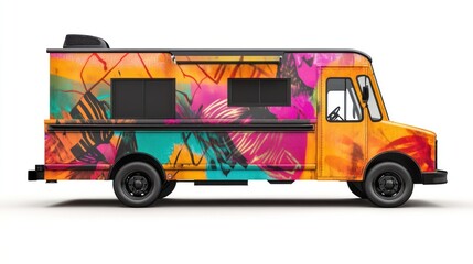 Food truck side view with a bright, bold color scheme and custom graphics, isolated on white.