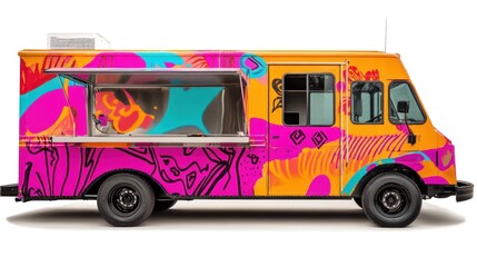 Food truck side view with a bright, bold color scheme and custom graphics, isolated on white.