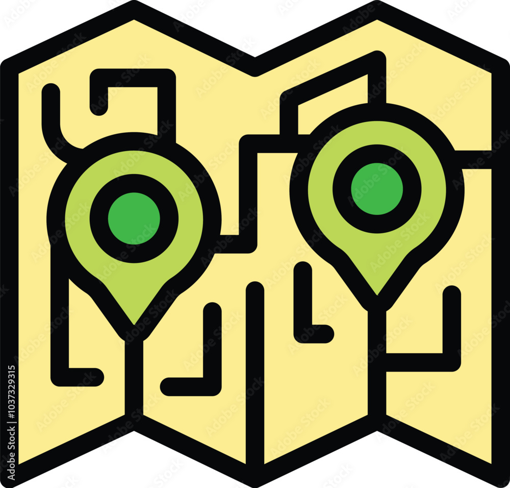 Poster cartoon style paper map showing a route between two points marked with location pins