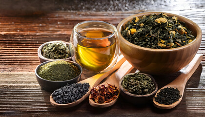 A variety of loose leaf teas and herbal infusions in wooden bowls and spoons, accompanied by a glass of steeped tea. Perfect for tea enthusiasts and natural wellness concepts.