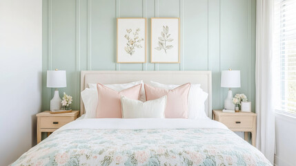 A serene bedroom featuring light green accent wall, elegant floral artwork, and cozy bed adorned with soft pillows. warm lighting creates calming atmosphere, perfect for relaxation