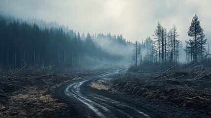 A solitary dirt road winds through the foggy aftermath of a recently cleared forest
