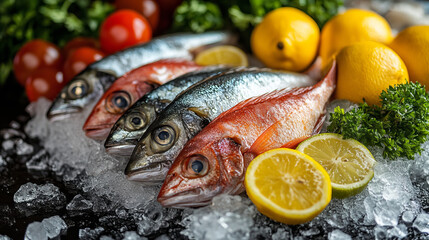 Fresh fish displayed on ice with vibrant lemons, tomatoes, and parsley, creating colorful and appetizing presentation. Perfect for seafood lovers and culinary enthusiasts