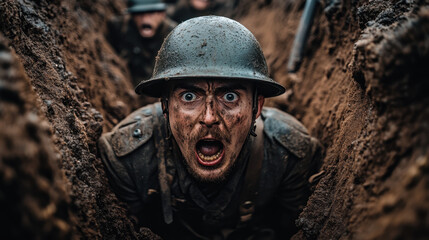 Fototapeta premium soldier screaming in trench, covered in dirt and expressing intense emotion, captures raw reality of war. scene evokes feelings of fear and urgency