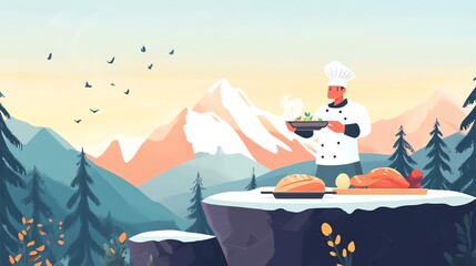 Chef presenting a gourmet dish in a scenic mountain landscape.