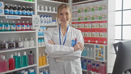 A confident young woman pharmacist stands in a well-stocked pharmacy with arms crossed and a smile.