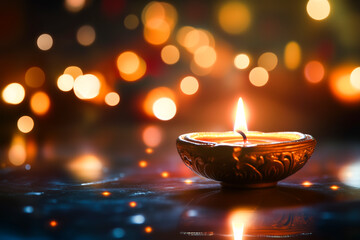 Lit lamp with glowing lights in the background and the text "Happy Diwali." Copy space. Festive background for celebrating Diwali.