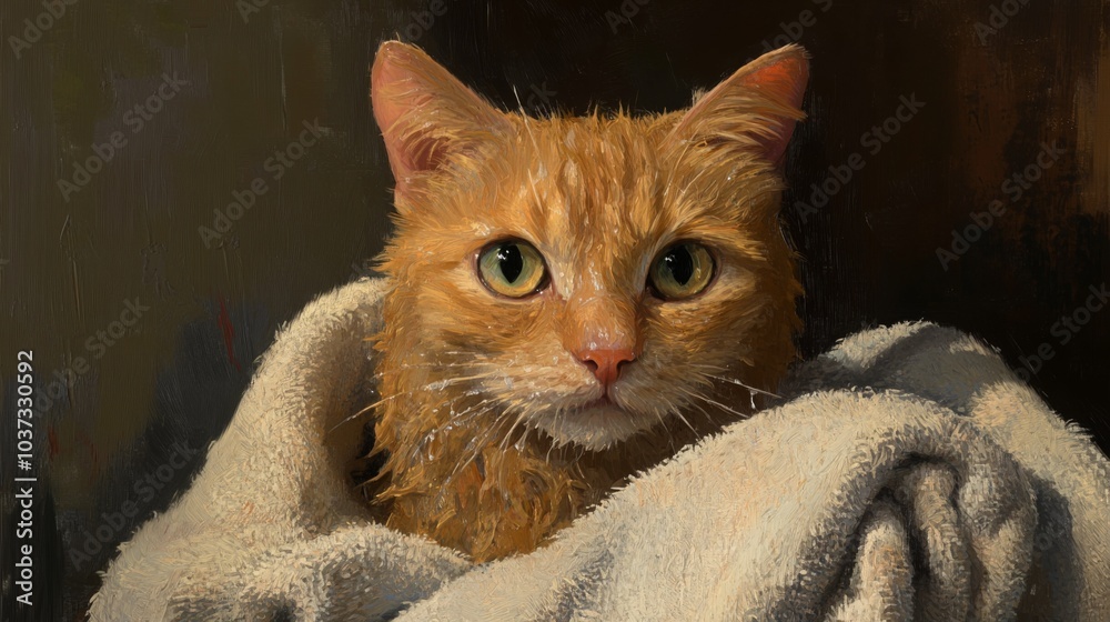 Poster ginger cat in towel after bathing session