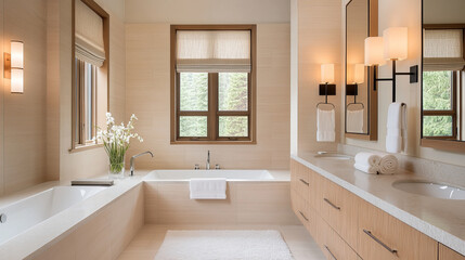 A modern bathroom featuring spacious bathtub, elegant wooden cabinetry, and large windows that allow natural light to illuminate serene space. decor includes fresh flowers and soft towels, creating ca