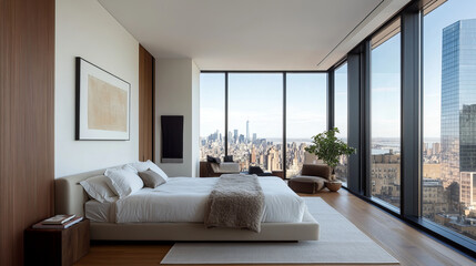 Fototapeta premium A modern bedroom featuring large window with stunning city view, showcasing minimalist design and natural light. serene atmosphere invites relaxation and comfort