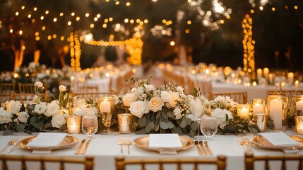 Romantic wedding reception in an outdoor garden with tables decorated with candles roses and gold accents