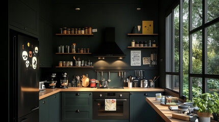 A modern kitchen featuring dark green cabinetry, wooden countertops, and large windows that bring in natural light. space is well organized with various kitchenware and plants, creating cozy atmospher