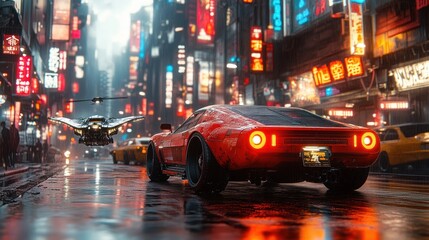 Futuristic Cityscape with a Red Sports Car