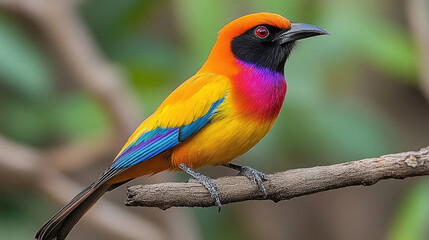 Fototapeta premium A vibrant bird displays its striking plumage while resting on a branch in a richly colored natural setting
