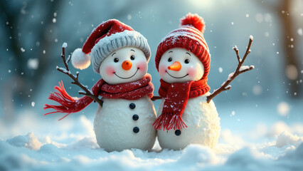 Obraz premium Whimsical, festive winter scene, featuring two cute snowman with colorful hats and scarves, standing on soft snow in a magical winter wonderland