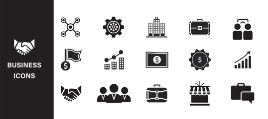  Business icons and Finance web icons in line art. Money, fintech, management, strategy, bank, meeting, vision, infographic. Icon collection. Vector illustration