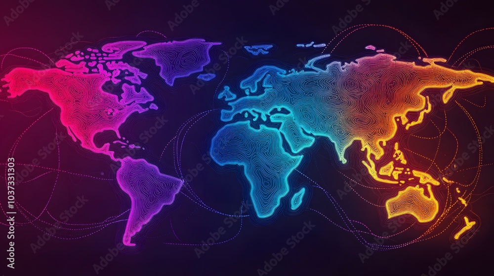 Leinwandbilder a vibrant, digital representation of the world map, featuring colorful lines and dots that create an