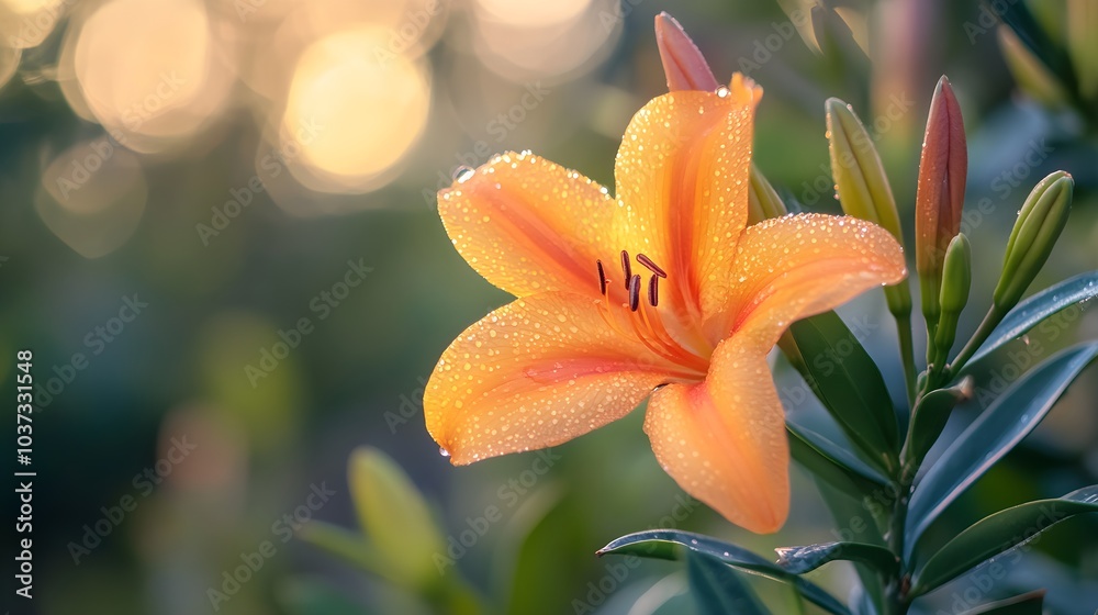Poster orange lily flower with dew in soft focus background