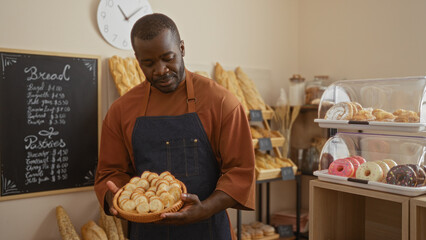 Handsome african american man holding a basket of pastries in a bakery interior with shelves of bread and desserts