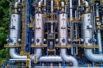 Aerial view of industrial metallic structures and pipelines at a processing plant surrounded by greenery