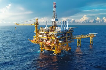 An offshore oil rig operates in the vast ocean under a bright blue sky with scattered clouds during the day