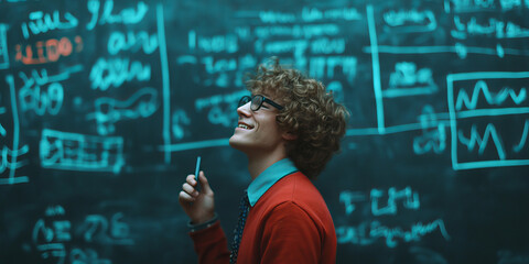 A young man with curly hair smiles while holding pen, standing in front of blackboard filled with mathematical equations and graphs. His expression reflects curiosity and enthusiasm for learning