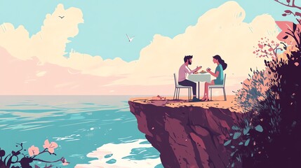 Couple dining on a cliff by the ocean, surrounded by flowers and a vibrant sky.