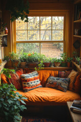A warm and inviting reading nook with colorful cushions and lush plants by a bright window, showcasing fall foliage outside