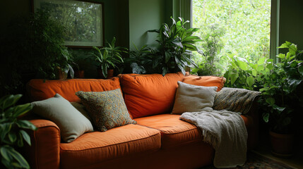 Fototapeta premium A vibrant orange couch with cushions and a throw blanket sits amongst numerous green plants, creating a warm, inviting atmosphere