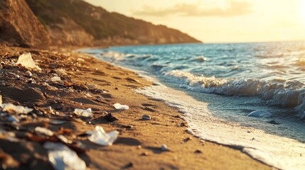 A once pristine beach is now cluttered with plastic waste under a golden sunset