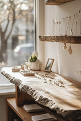 Elegant jewelry display on rustic wooden shelf, showcasing various earrings and rings. warm sunlight enhances beauty of pieces, creating cozy atmosphere