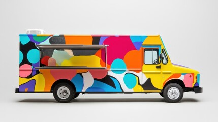 Fototapeta premium Mobile food truck with colorful branding, set against a plain white backdrop for contrast.